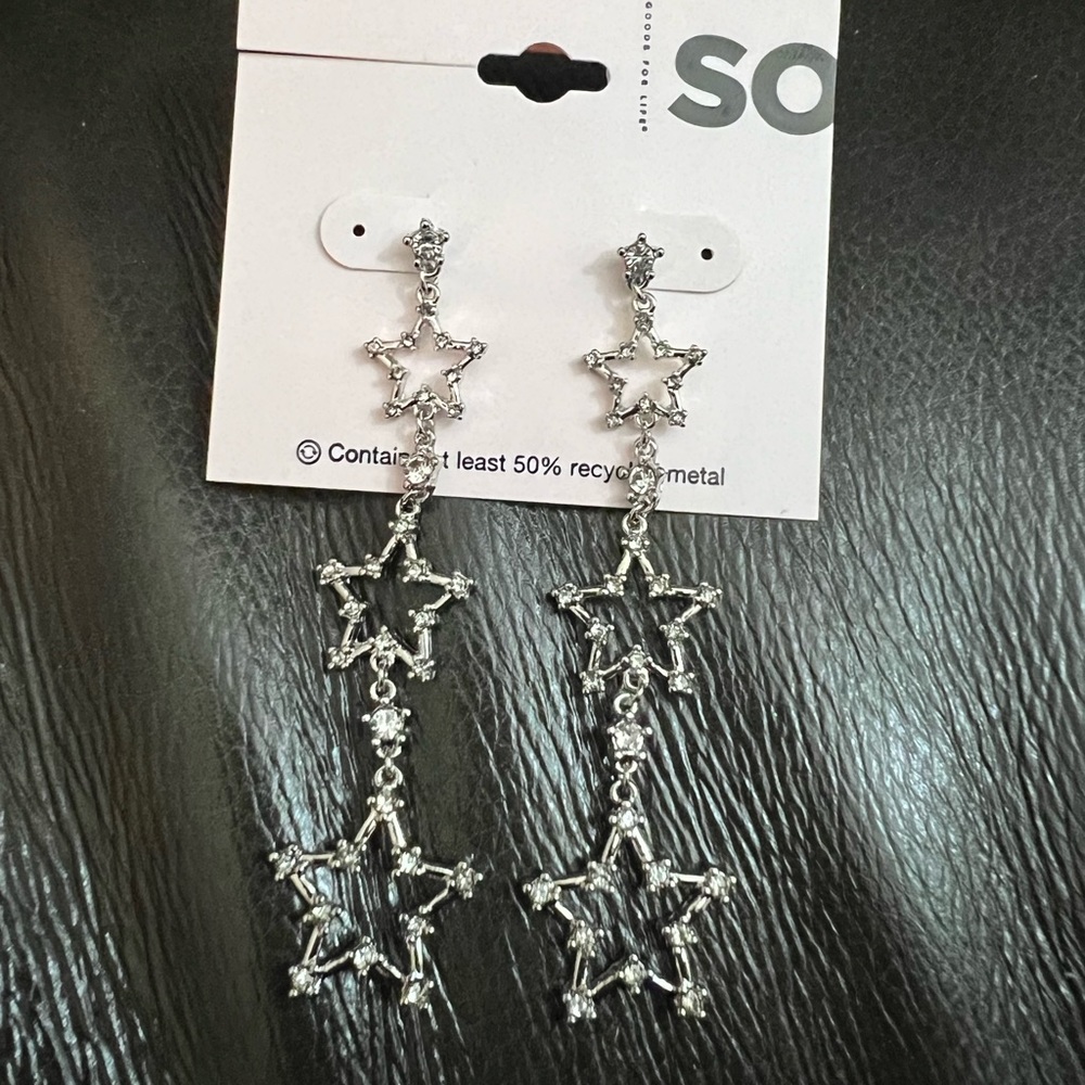 SO Silver Tone Simulated Crystal Stars Drop Earrings